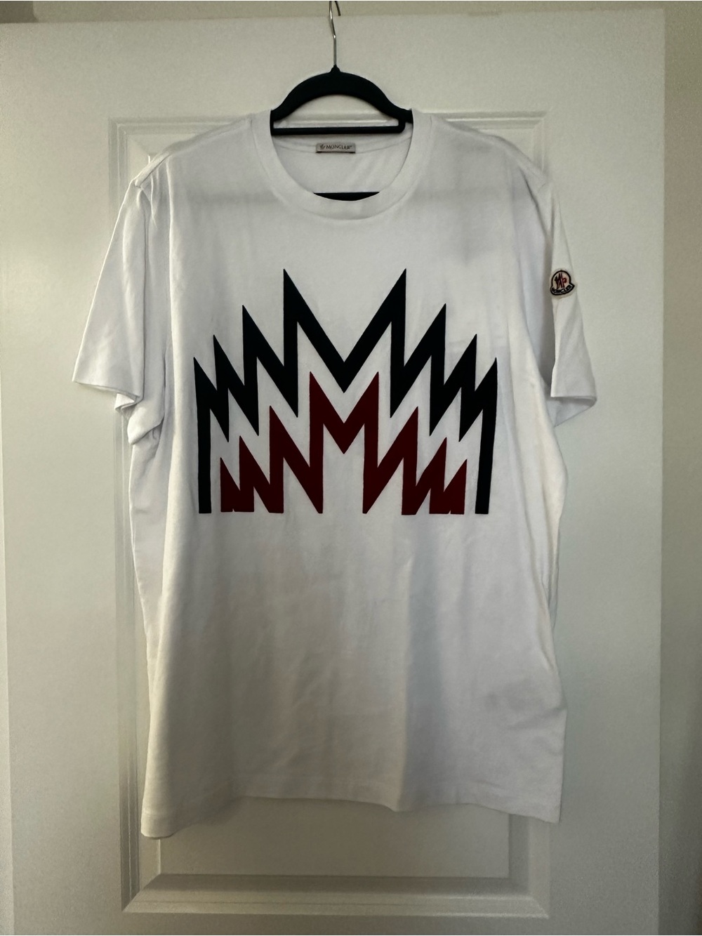 Moncler White Short-Sleeve Tee with Black & Burgundy Graphic